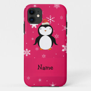 Coque Case-Mate Pour iPhone Nom personnalisé pingouin flocons de neige rose