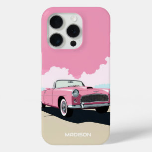 Coque iPhone 15 Pro Nom personnalisé Pink Classic Car