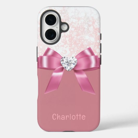 Coques Case-Mate iPhone Nom personnalisé Pink Snowflake ruban iPhone 16 Co (Verso)