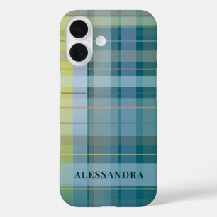 Coques iPhone 16 Nom personnalisé Plaid Check Blue Turquoise élégan
