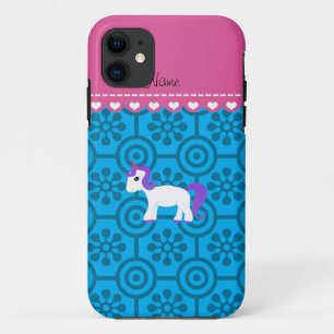 Coque iPhone 11 Nom personnalisé poil violet unicorne bleu fleurs 