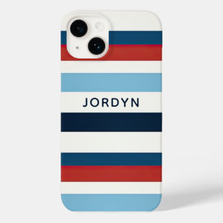 Coque Pour iPhone 14 Nom personnalisé Preppy rayé rouge et bleu