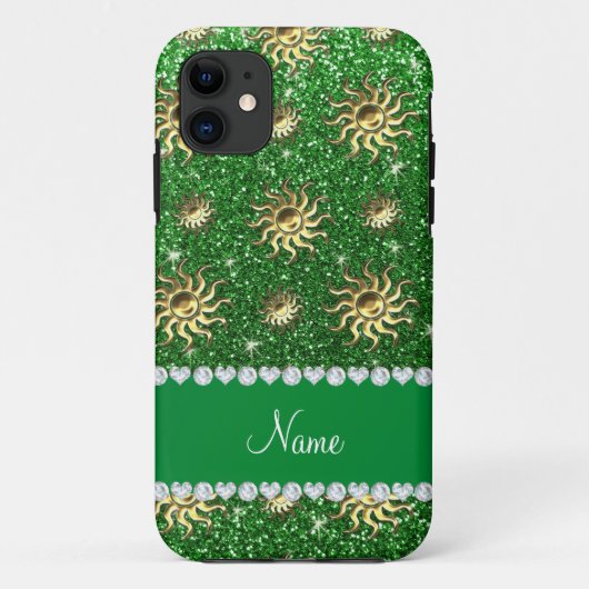 Coques Case-Mate iPhone Nom personnalisé soleils en or vert (Dos)