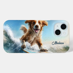 Coque Pour iPhone 15 Nom personnalisé Surfing Chien
