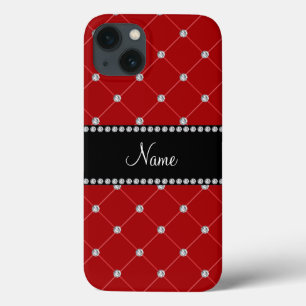 iPhone 13 Coque Nom personnalisé tuft de diamants rouges