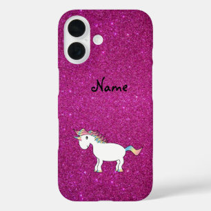 Coques iPhone 16 Nom personnalisé unicorn rose parties scintillant