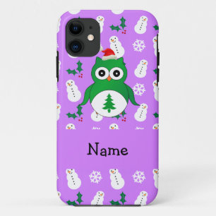 Coque iPhone 11 Nom personnalisé vert père Noël hibou violet bonho