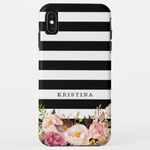 Coque Case-Mate Pour iPhone Nom rayé blanc noir floral élégant de monogramm