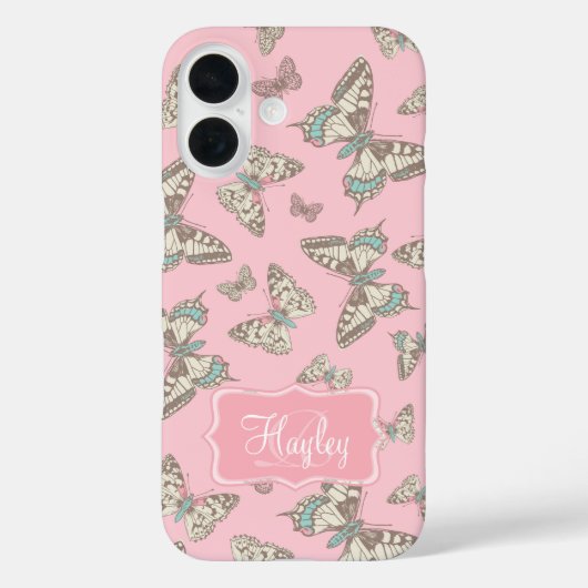 Coques Case-Mate iPhone Nom rose à motif papillon (Verso)