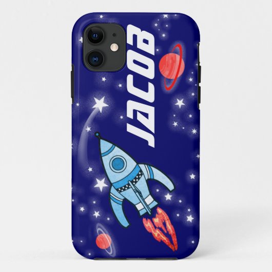 Coques Case-Mate iPhone Nommé 5 lettres espace roquette bleu garçons (Dos)