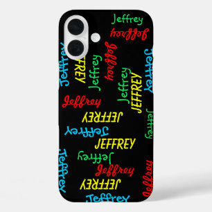 Coques iPhone 16 Plus Noms répétitifs uniques amusants sur noir, personn