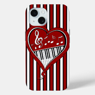Coque Pour iPhone 15 Notes de musique de piano élégant en rouge noir et