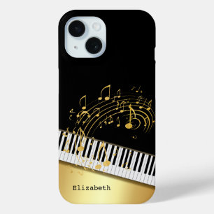 Coque Pour iPhone 15 Notes de musique noir or tendance, touches de pian