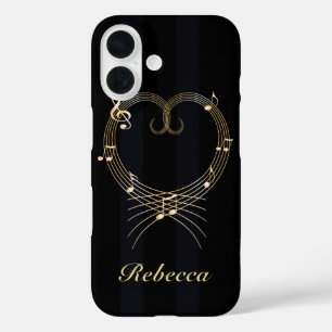 Coques iPhone 16 Notes musicales du coeur d'or personnalisées