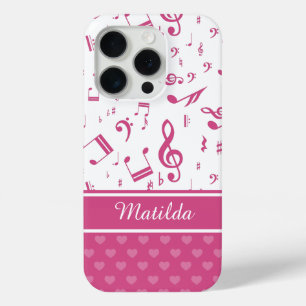 Coque iPhone 15 Pro Notes musicales et coeurs personnalisés Motif rose