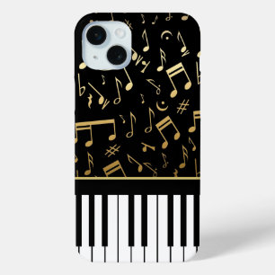 Coque iPhone 15 Mini Notes musicales et touches de piano Noir et Or