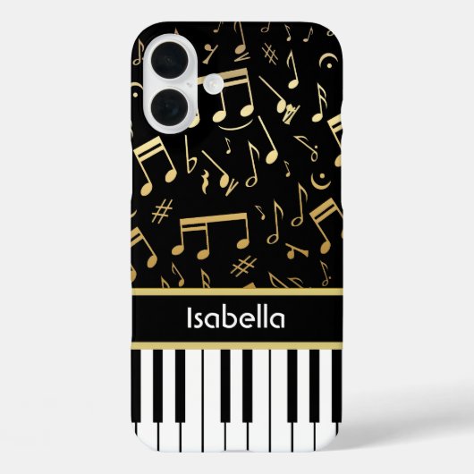 Coques Case-Mate iPhone Notes musicales et touches de piano Noir et Or (Verso)