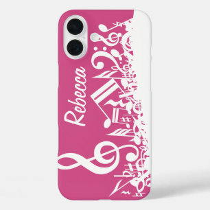 iPhone 16 Plus Case Notes musicales personnalisées Hot rose et blanc