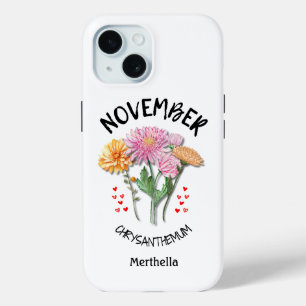 Coque Pour iPhone 15 NOVEMBRE Mois de naissance Fleur Nom personnalisé