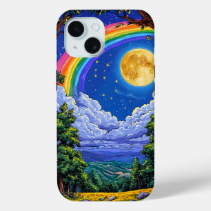 Coque Pour iPhone 15 Nuit de ciel de lune arc-en-ciel
