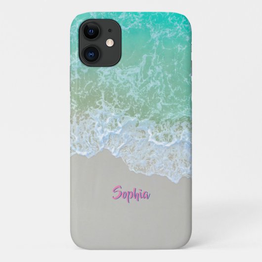 Coques Case-Mate iPhone Ocean Waves, Beach Sand, Pink Script Name (Dos)