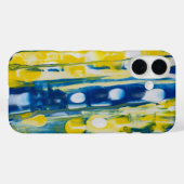 Coques Case-Mate iPhone œuvre d'art faite main/Bleu et jaune  (Verso (horizontal))