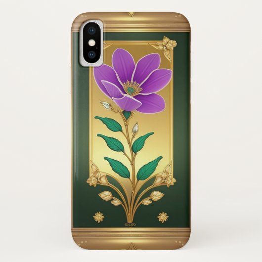 Coques Case-Mate iPhone Oeuvre élégante d'une fleur violette en cadre doré (Dos)
