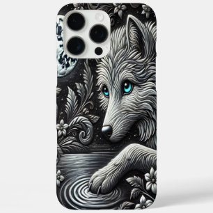 Coques iPhone 16 Pro Max Oeuvre réfléchie de loup Lune