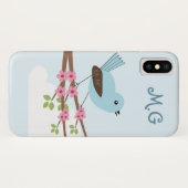Coques Case-Mate iPhone Oiseau bleu mignon dans l'arbre de fleur (Dos (Horizontal))