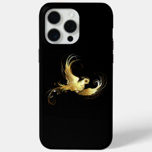 Coque iPhone 15 Pro Max Oiseau d'or sur Arrière - plan noir