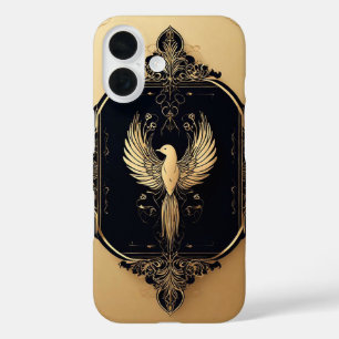 Coques iPhone 16 Oiseau doré élégant dans un cadre ancien orné