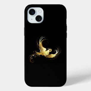 Coque iPhone 15 Mini Oiseau doré sur fond noir