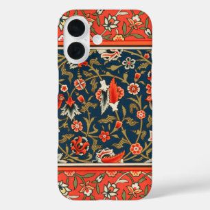 Coques iPhone 16 Oiseau et fleurs Perse Motif bleu rouge