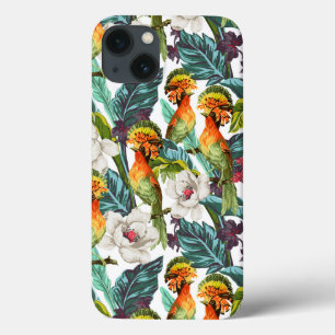 iPhone 13 Coque Oiseau et motif de fleur exotique
