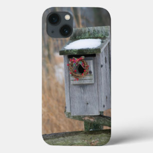 iPhone 13 Coque Oiseau, nichoir avec couronne de Noël en hiver