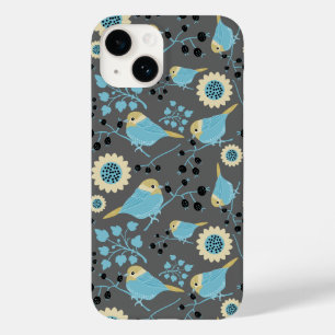 Coque Pour iPhone 14 Oiseaux Berries Florales Crème Bleue Gris Noir Mot