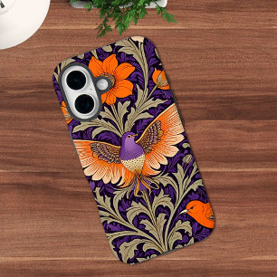 Coques iPhone 16 Oiseaux botaniques vintage en orange et violet