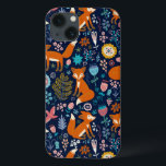 Coques Pour iPhone Oiseaux colorés mignons Fleurs Renards Motif<br><div class="desc">Fleurs colorées mignonnes oiseaux et renards rouges dessin de style illustration sur bleu foncé couleur arrière - plan vous pouvez changer</div>