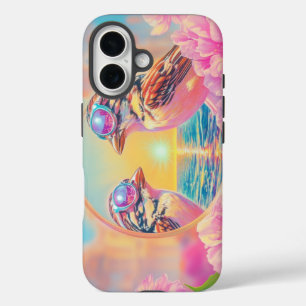 Coques iPhone 16 Oiseaux cool avec lunettes de soleil au coucher du