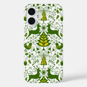 Coques iPhone 16 Oiseaux de cerfs en fleurs de Noël or