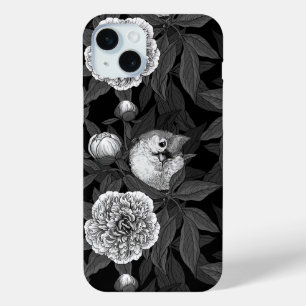 Coque iPhone 15 Mini Oiseaux et fleurs de pivoines monochromes, gris