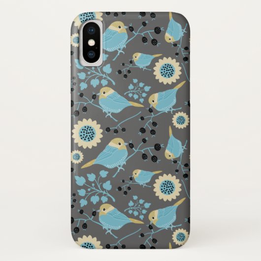 Coques Case-Mate iPhone Oiseaux Fleurs et Berries Crème bleue Gris noir (Dos)