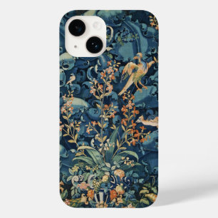 Coque Pour iPhone 14 OISEAUX, FLEURS ET FEUILLES DE CABBAGE, Bleu