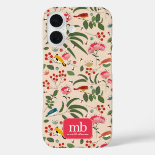 Coques iPhone 16 Oiseaux floraux dessinés à la main Abeilles Monogr