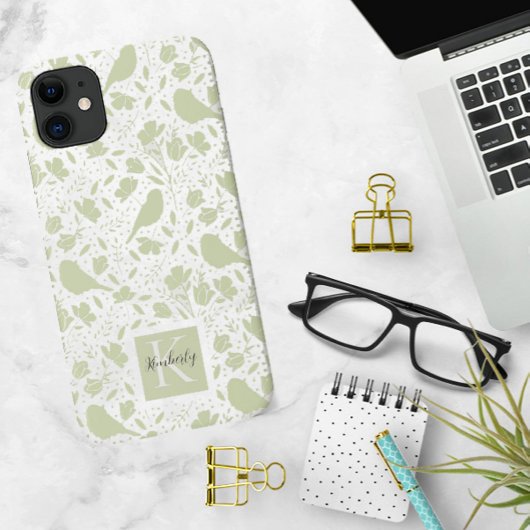 Coques Case-Mate iPhone Oiseaux sereins et floraux monogrammés
