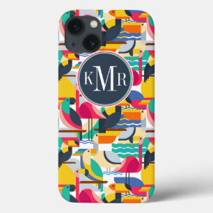 Etui iPhone 13 Oiseaux tropicaux géométriques   Monogramme