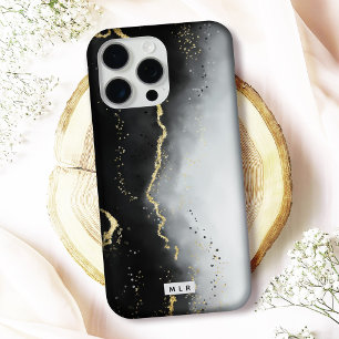 Coques iPhone 16 Pro Ombre Black & Gold Moody Agate Moderne Monogramme