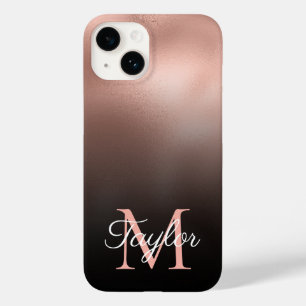 Coque Pour iPhone 14 Ombre Noir Rose Or Feuille Monogramme Personnalisé