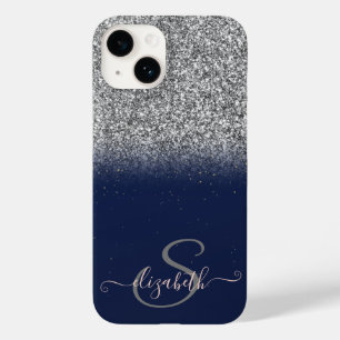 Coque Pour iPhone 14 Ombre Pailleté Argent Élégant, Monogramme Bleu Mar