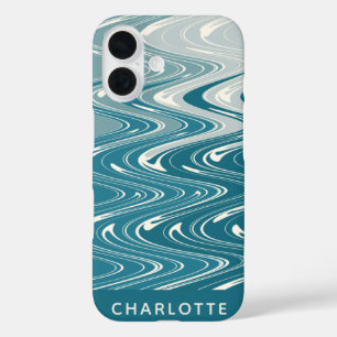 Coques iPhone 16 Ombre Turquoise Bleu Abstrait Vagues Personnalisée